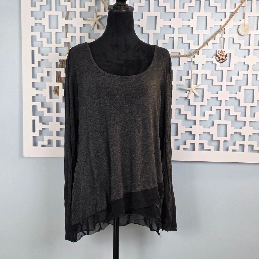 Cupio Womens Large Charcoal Gray Long Sleeve Layered Mesh Hem Scoop Neck Top